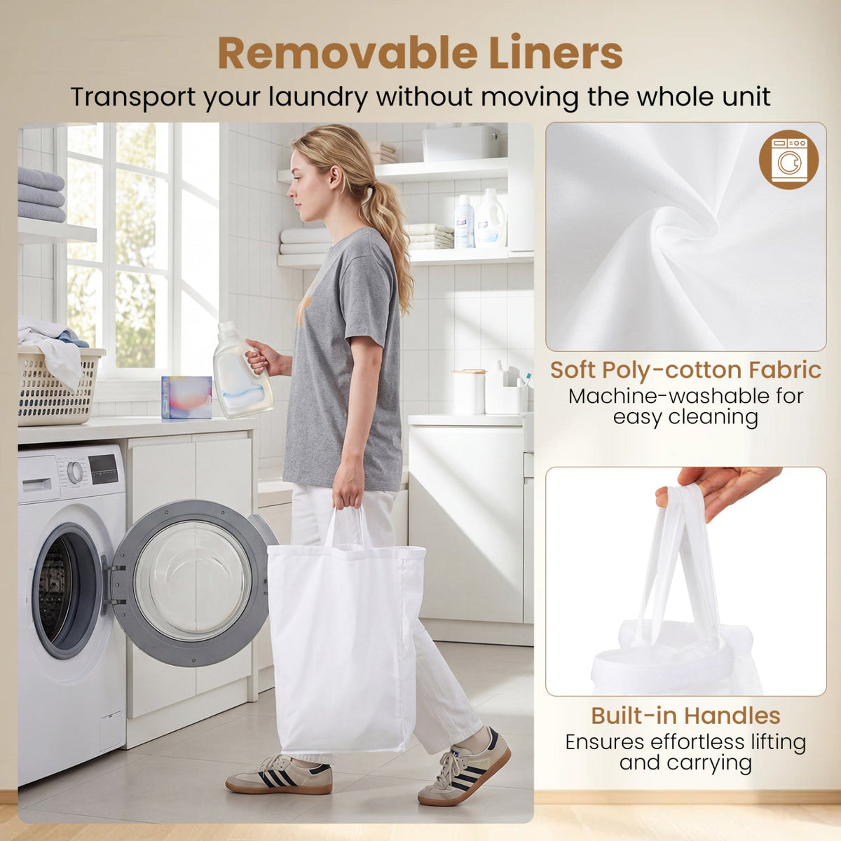 DirectDeals 3-Section Laundry Hamper with Lid and Wheels, 21.4 Gal, white fabric handles on Tampa Home & Garden Store