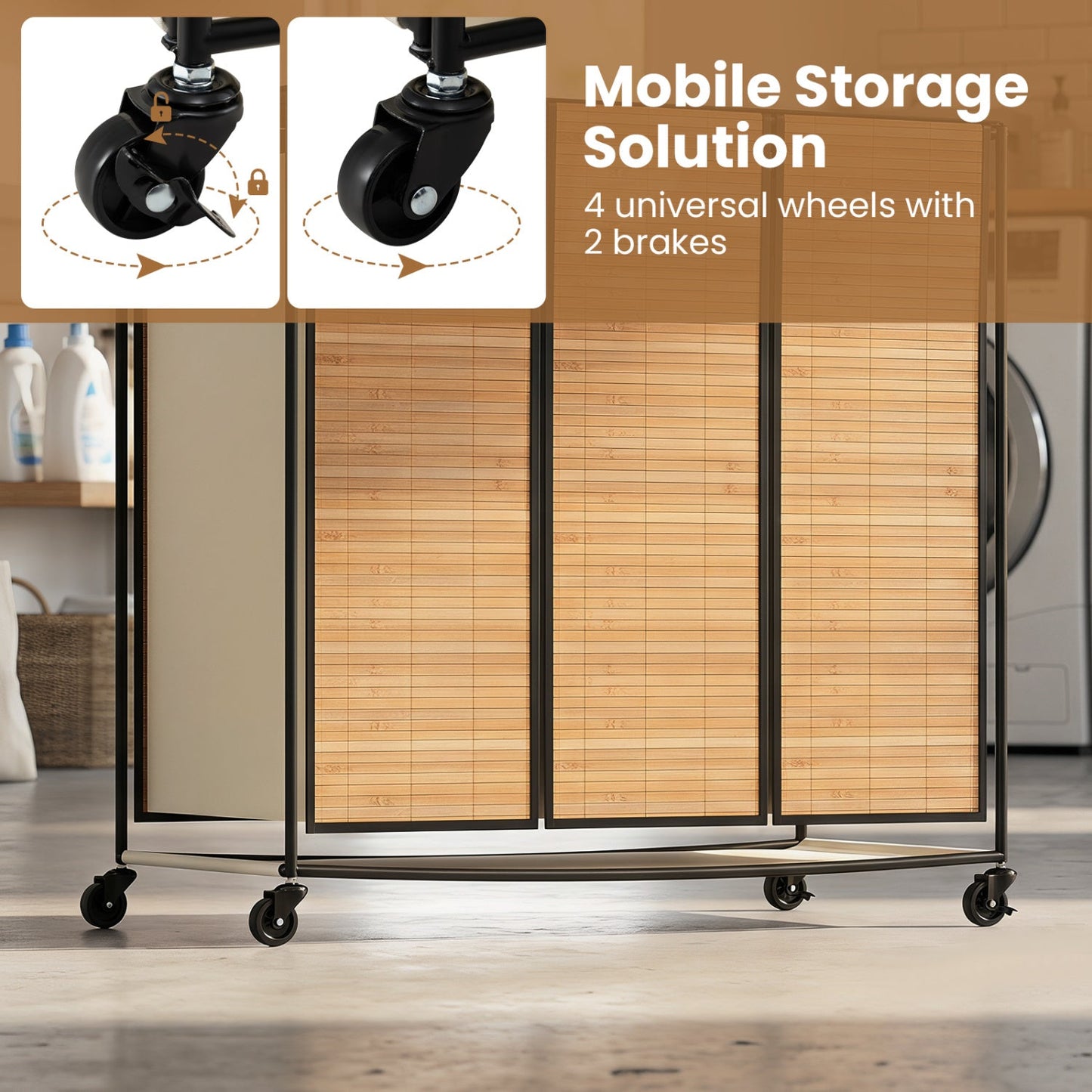 3-section laundry hamper with lid and wheels, bamboo panels, black frame, DirectDeals 21.4 gal on Tampa Home & Garden Store