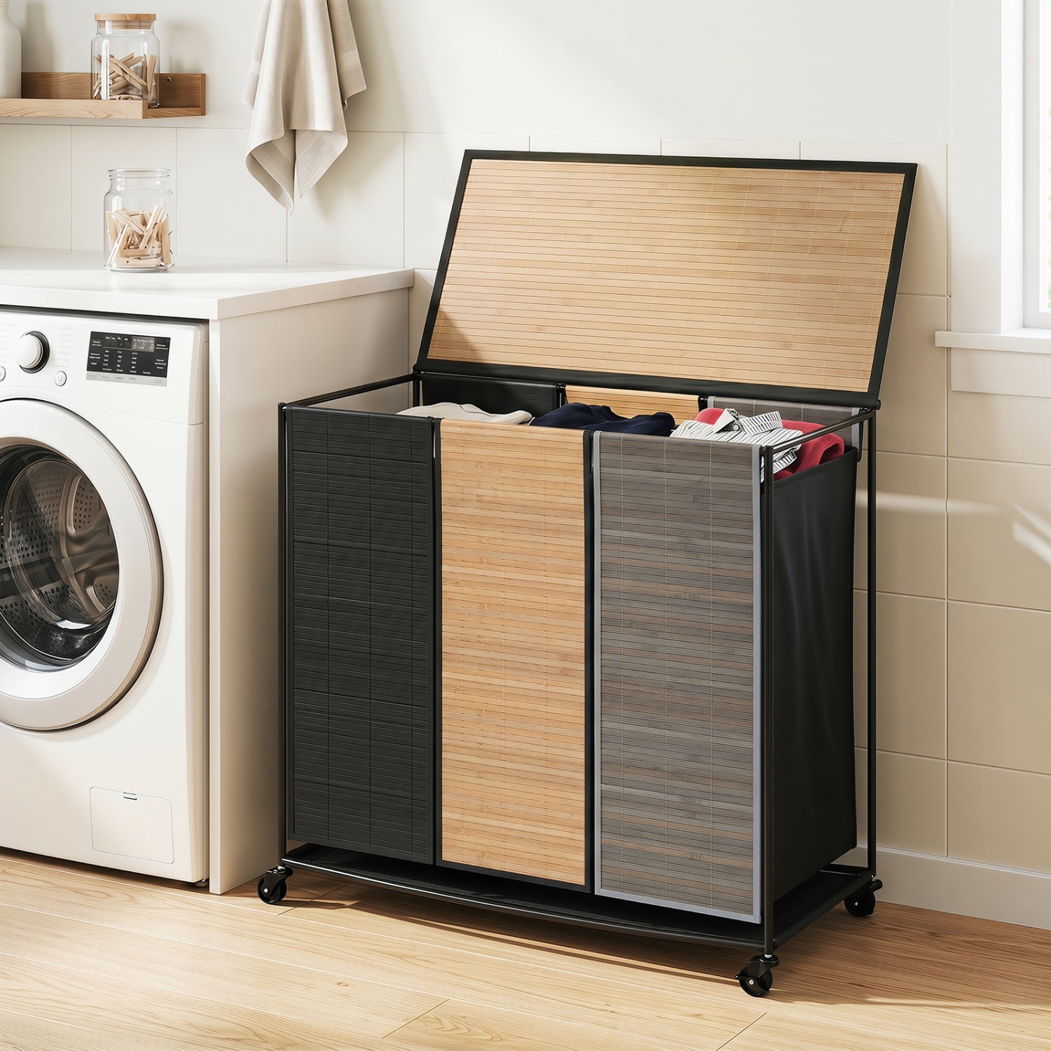 3-Section Laundry Hamper with Lid, 21.4 Gal, bamboo panels on black frame with casters on Tampa Home & Garden Store