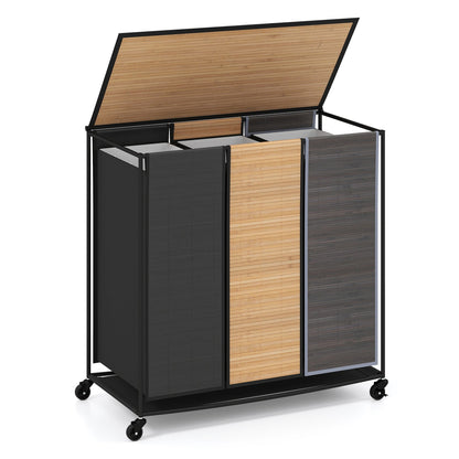 3-Section laundry hamper with lid and wheels, black frame and bamboo panel doors, 21.4 gal DirectDeals on Tampa Home & Garden Store