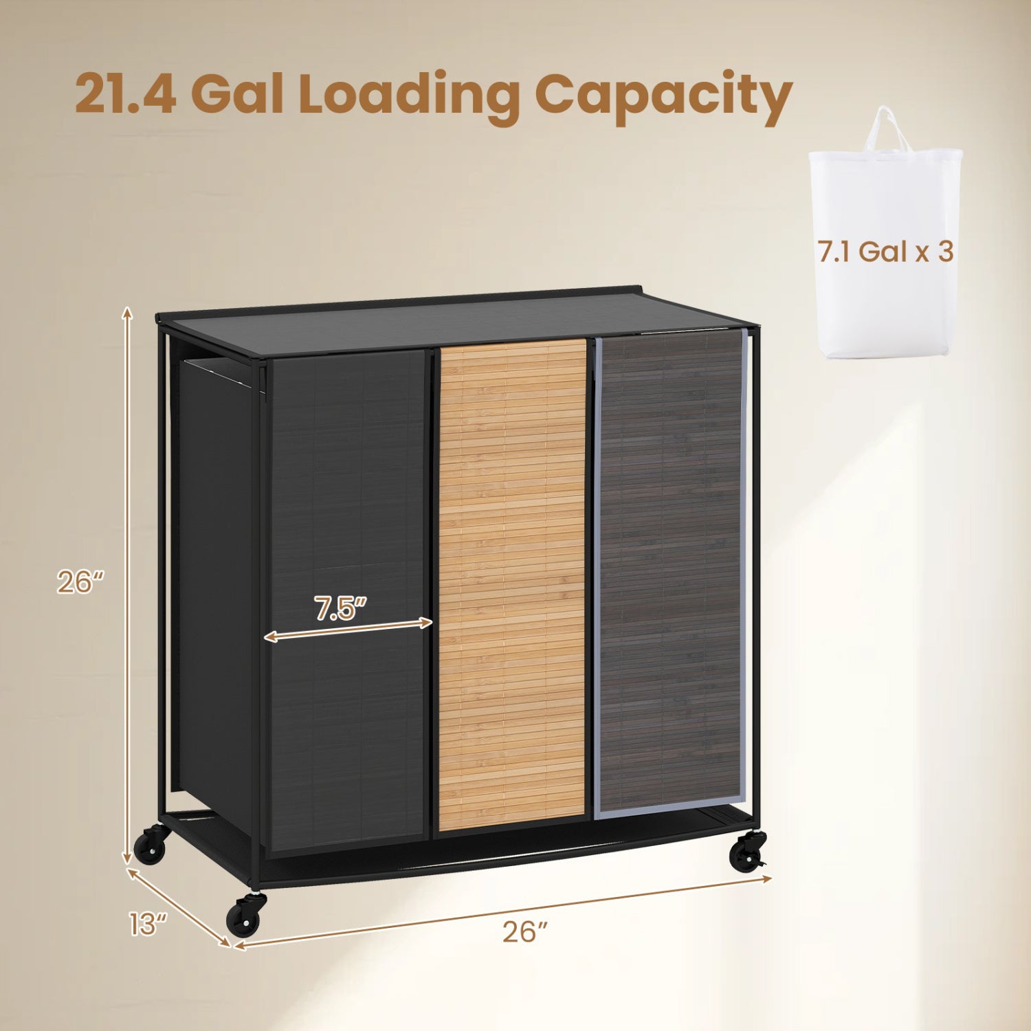 3-Section Laundry Hamper with Lid and Wheels - 21.4 Gal, DirectDeals, black frame with bamboo center panels on Tampa Home & Garden Store