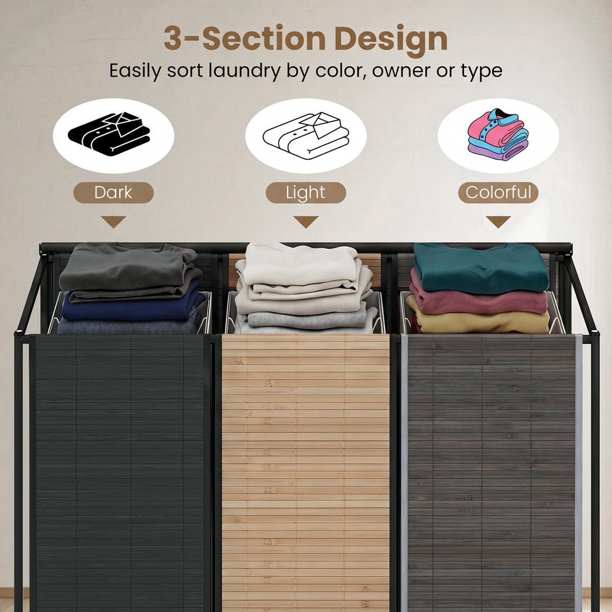 3-Section Laundry Hamper with Lid and Wheels, 21.4 Gal, black, light wood, gray panels on Tampa Home & Garden Store