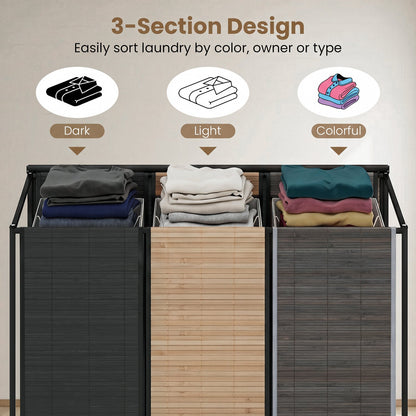 3-Section Laundry Hamper with Lid and Wheels, 21.4 Gal, black, light wood, gray panels on Tampa Home & Garden Store