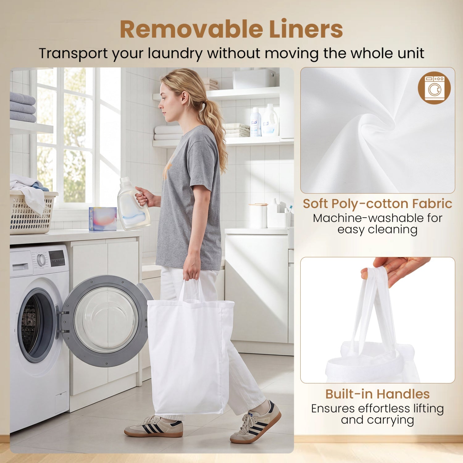 3-Section Laundry Hamper with Lid and Wheels by DirectDeals, white built-in handles on Tampa Home & Garden Store