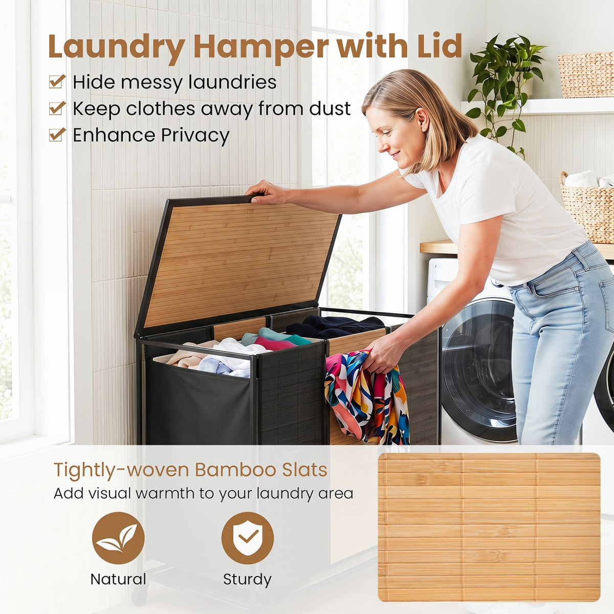 3-section laundry hamper with lid and wheels in natural bamboo slats DirectDeals 21.4 Gal on Tampa Home & Garden Store