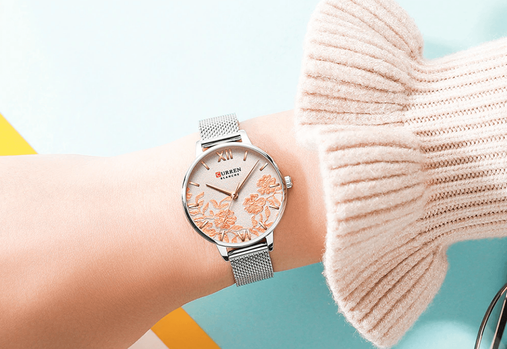 Womens elegant waterproof clock with floral dial and silver stainless steel mesh band on Tampa Home & Garden Store