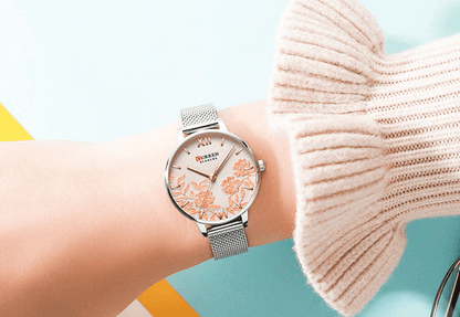 Womens elegant waterproof clock with floral dial and silver stainless steel mesh band on Tampa Home & Garden Store