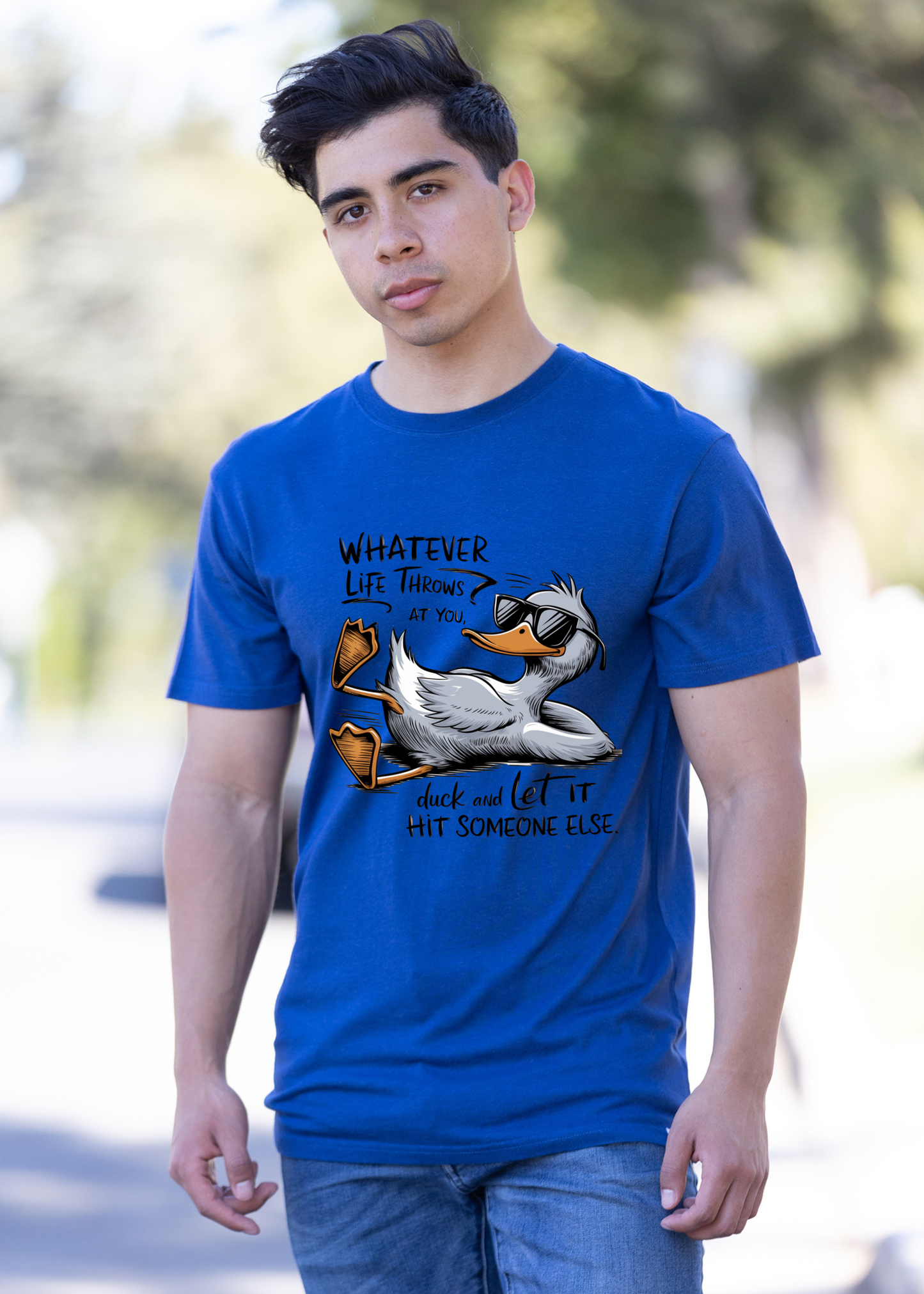 Whatever Life Throws at You blue Spun Bamboo graphic T-shirt, mens printed tee on Tampa Home & Garden Store
