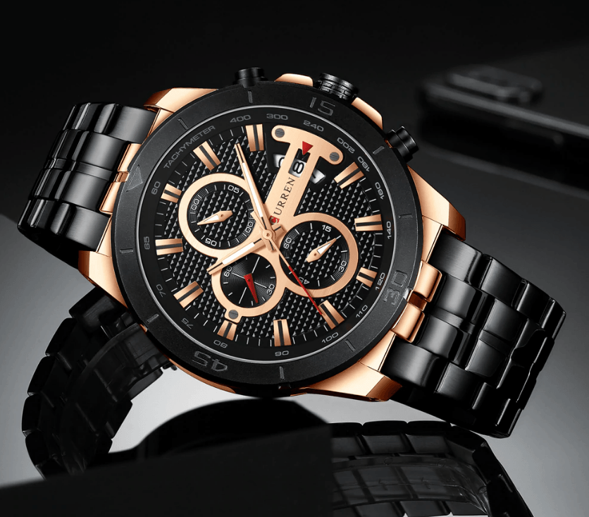 Stevvex men's waterproof chronograph with fluorescent hands rose-gold case black band on Tampa Home & Garden Store