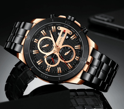 Stevvex men's waterproof chronograph with fluorescent hands rose-gold case black band on Tampa Home & Garden Store
