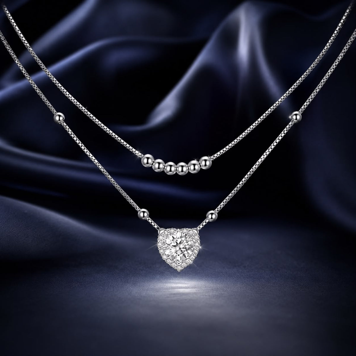 Sterling silver moissanite necklace with 6.5mm heart pavé pendant on a beaded chain on Tampa Home & Garden Store