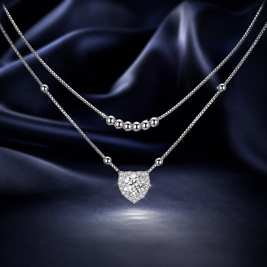 Sterling silver moissanite necklace with 6.5mm heart pavé pendant on a beaded chain on Tampa Home & Garden Store