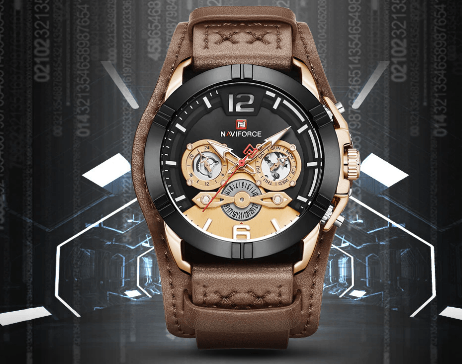 Men's leather waterproof watch with chronograph, black dial, brown strap, gold-tone case on Tampa Home & Garden Store