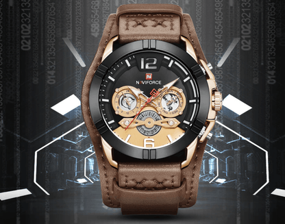 Men's leather waterproof watch with chronograph, black dial, brown strap, gold-tone case on Tampa Home & Garden Store