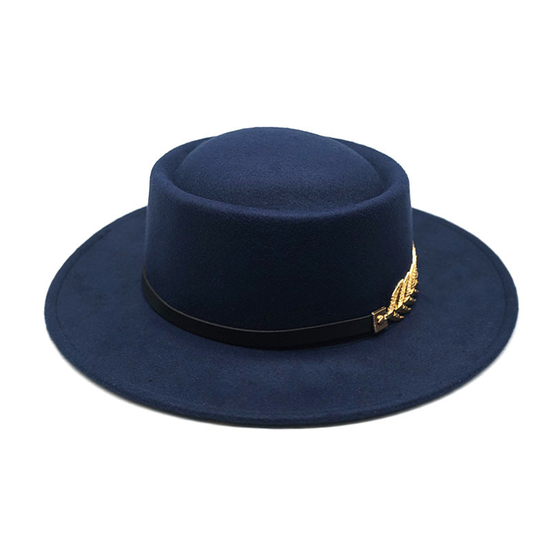 Fedora hat navy blue with black band and gold leaf accent on Tampa Home & Garden Store