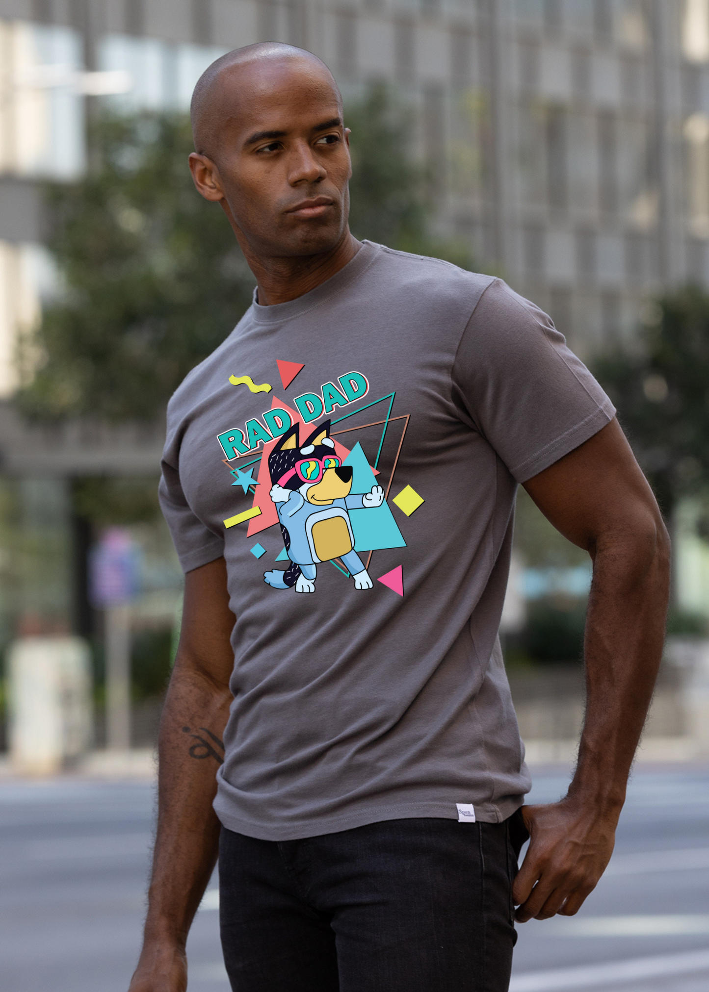 Rad Dad Bluey gray mens bamboo short sleeve graphic T-shirt with cartoon design Spun Bamboo on Tampa Home & Garden Store