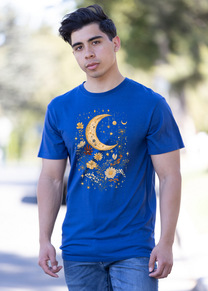 Mens blue graphic T-shirt featuring gold celestial moon and boho floral print by Spun Bamboo on Tampa Home & Garden Store