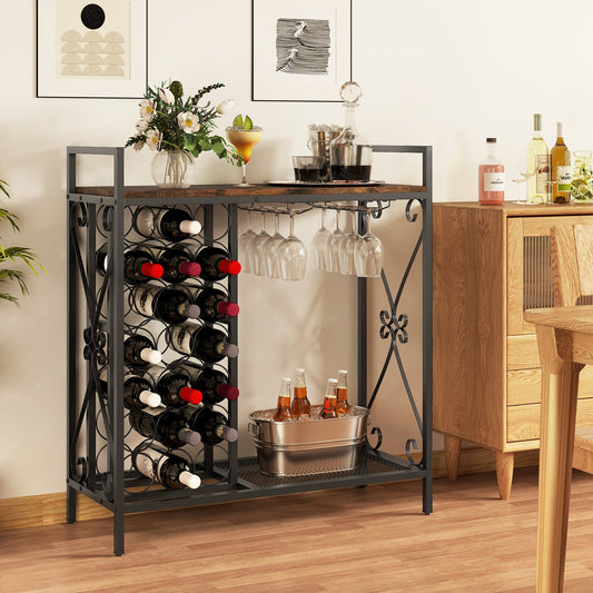 Botellero independiente de 21 botellas, organizador de botellas de vino con soporte para copas, marrón rústico