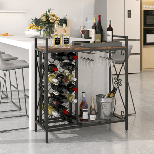 Botellero independiente de 21 botellas, organizador de botellas de vino con soporte para copas, marrón rústico