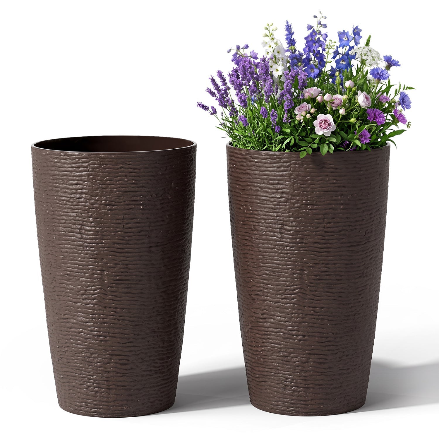Round plastic planters set of 2, 21-inch tall brown textured pots with drainage DirectDeals on Tampa Home & Garden Store