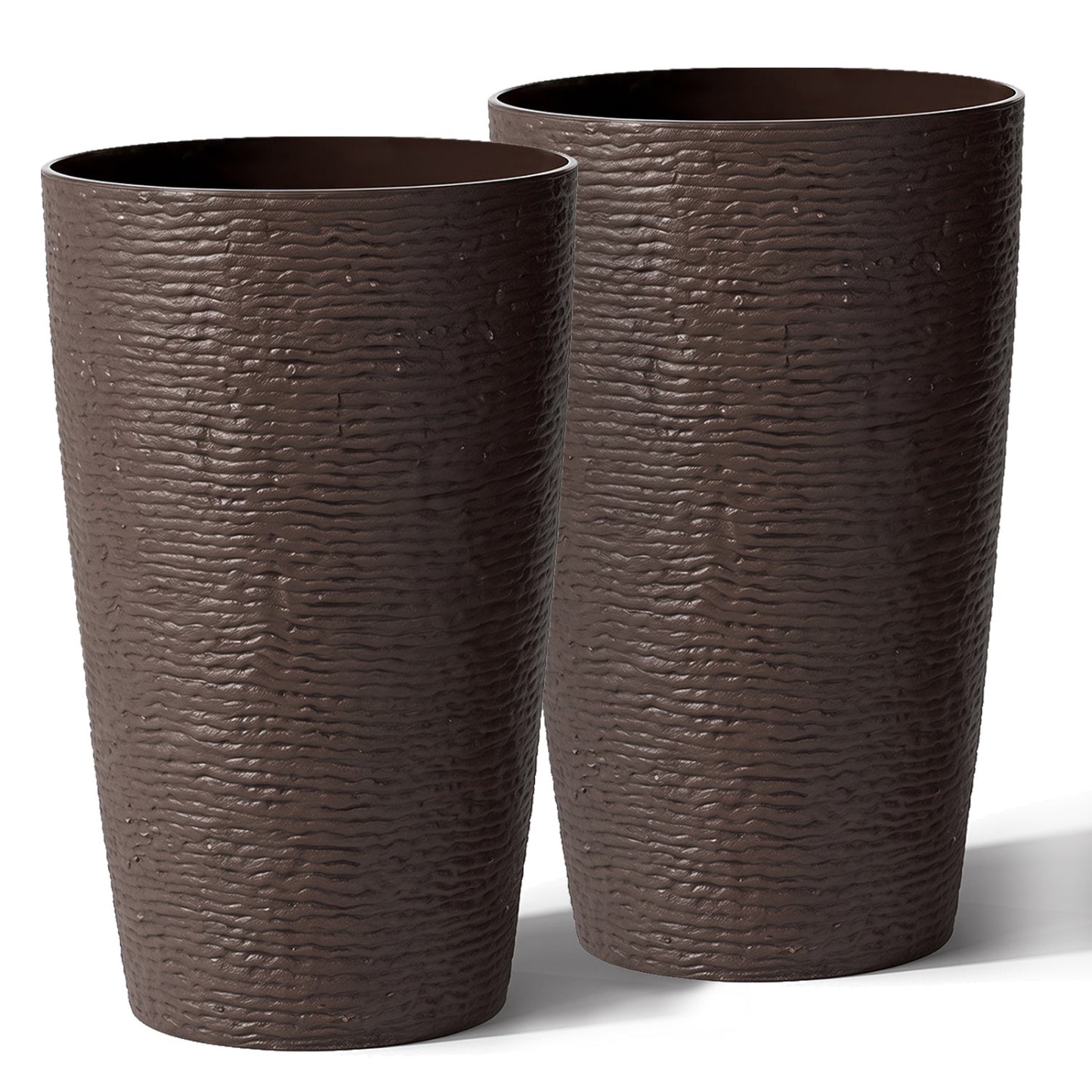 Round plastic planters set of 2, brown textured, 21 inches tall with drainage by DirectDeals on Tampa Home & Garden Store