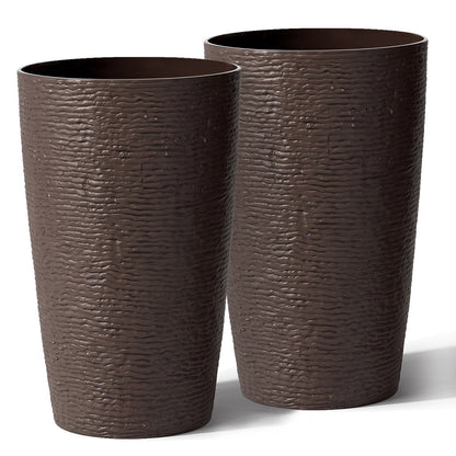 Round plastic planters set of 2, brown textured, 21 inches tall with drainage by DirectDeals on Tampa Home & Garden Store