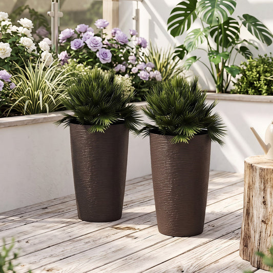 DirectDeals round brown plastic planters set of 2 with drainage and spiky green yucca on Tampa Home & Garden Store