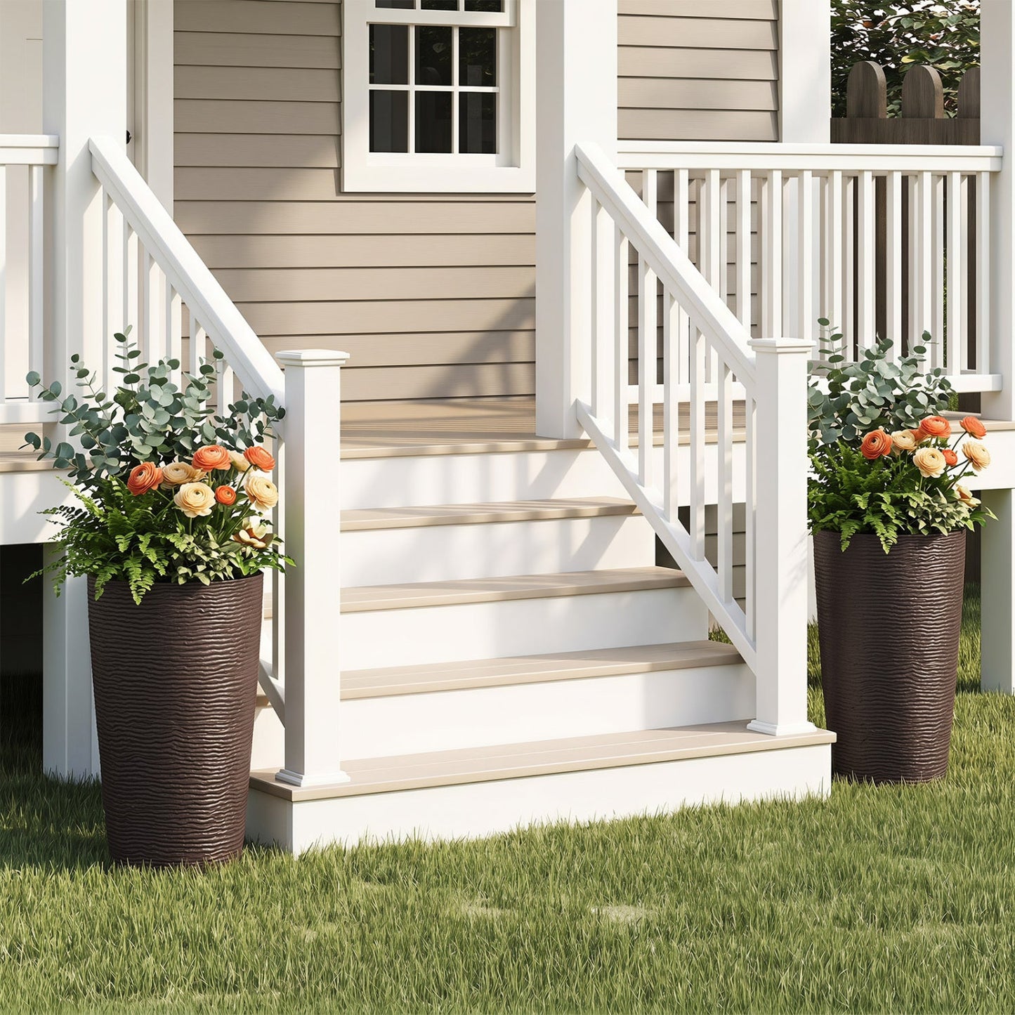 Round plastic planters set of 2, 21 in tall with drainage, brown wicker texture on porch on Tampa Home & Garden Store