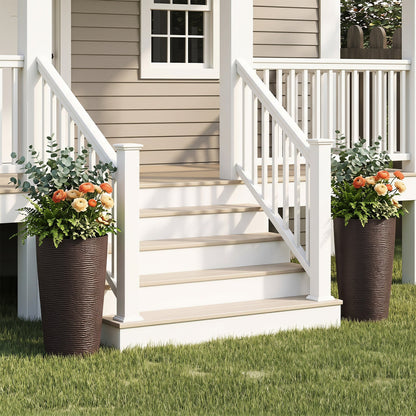 Round plastic planters set of 2, 21 in tall with drainage, brown wicker texture on porch on Tampa Home & Garden Store