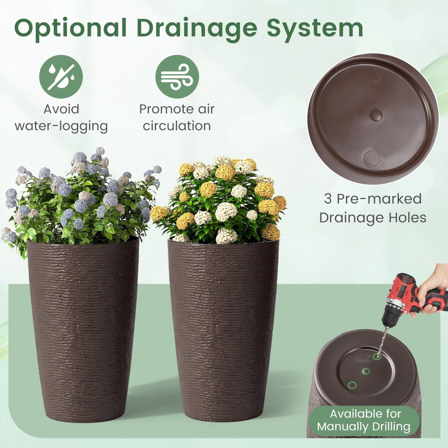 Round plastic planters set of 2, 21in tall, brown textured with drainage DirectDeals on Tampa Home & Garden Store