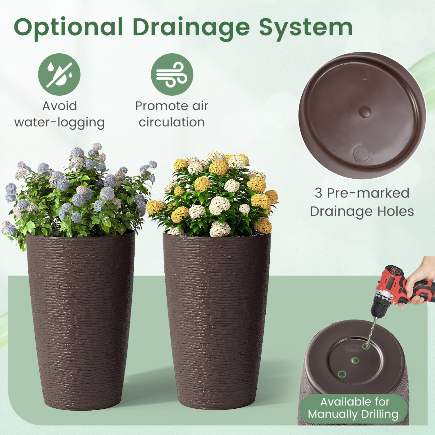 Round plastic planters set of 2, 21in tall, brown textured with drainage DirectDeals on Tampa Home & Garden Store