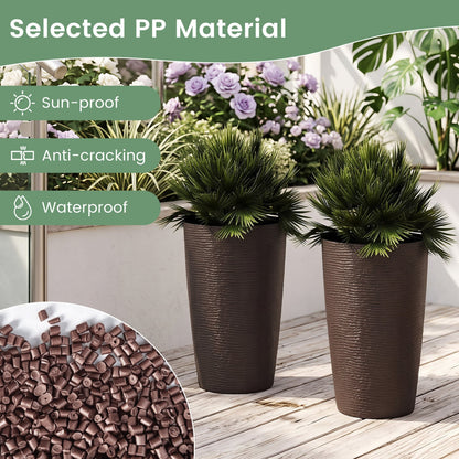Round plastic planters set of 2, 21-inch tall brown textured pots with drainage on Tampa Home & Garden Store