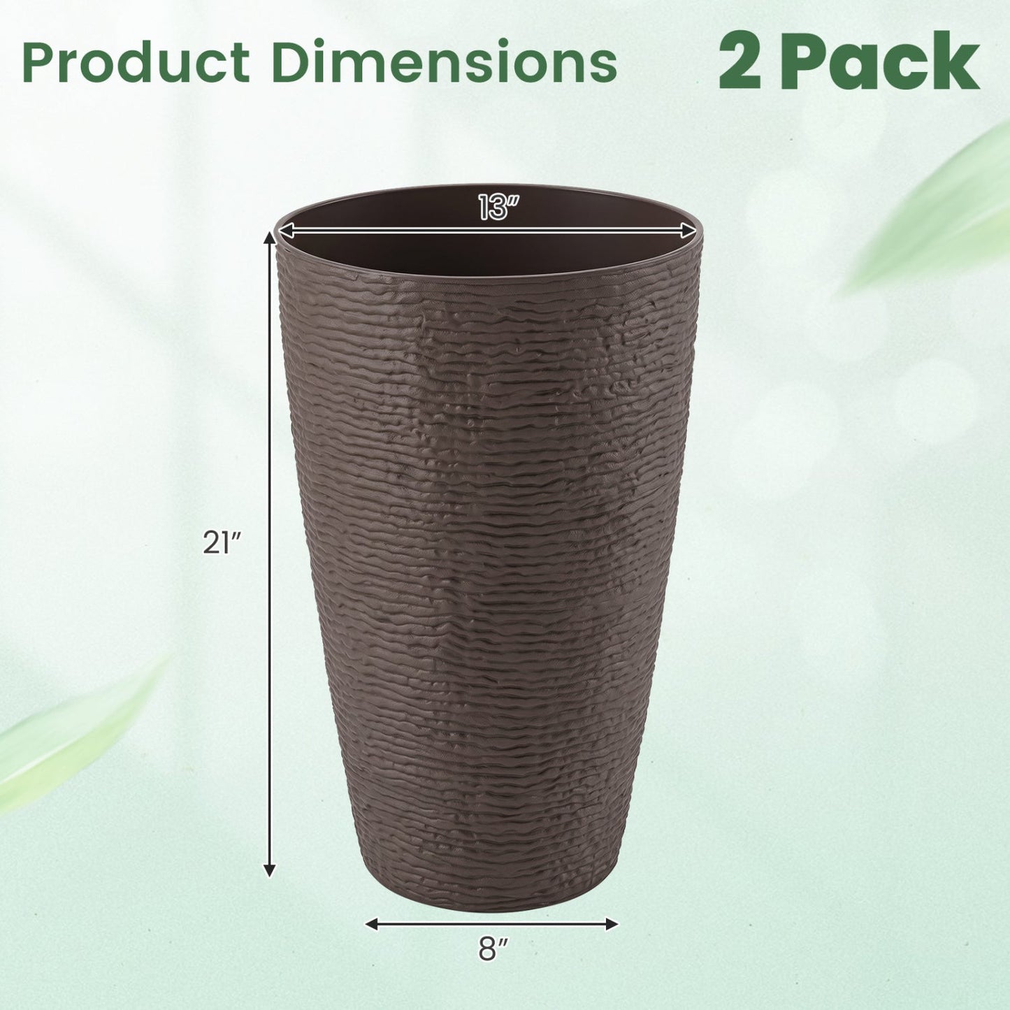 Round plastic planter, 21-inch tall, brown woven texture, 13-inch opening, DirectDeals 2-pack with drainage on Tampa Home & Garden Store