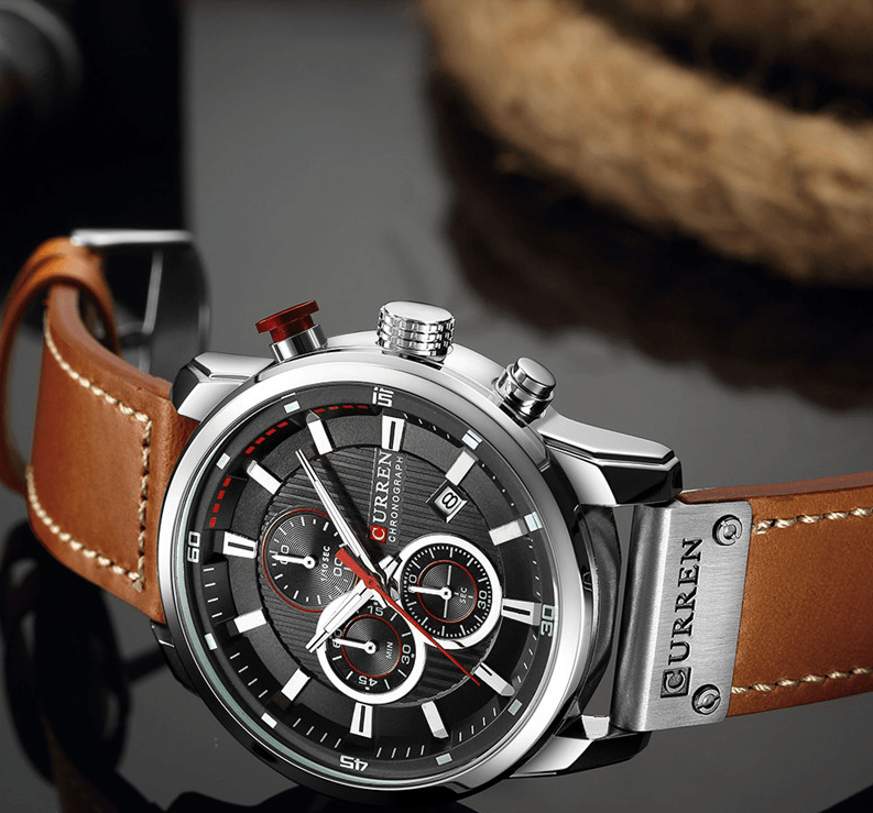 Men's chronograph watch with brown leather strap, Curren clasp, steel case, hardlex glass on Tampa Home & Garden Store