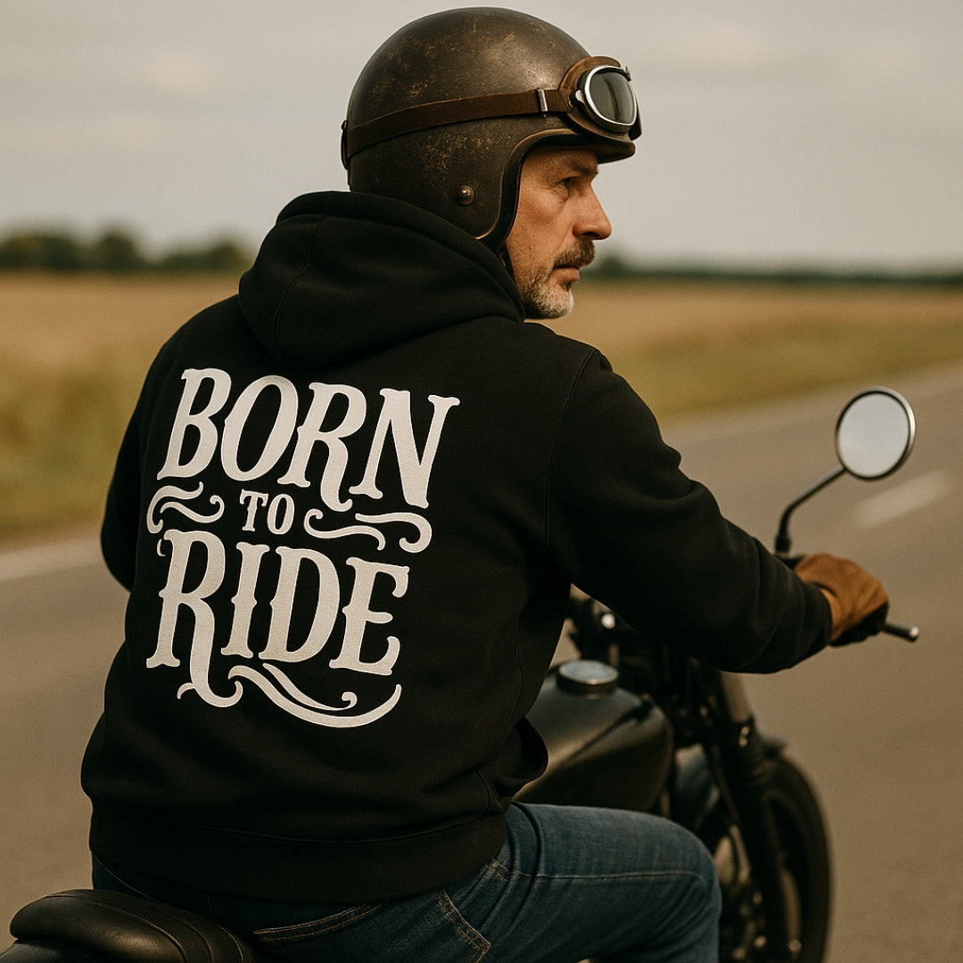 Motorcycle Rider Hoodie in black with white BORN TO RIDE back print; rider on a motorcycle on Tampa Home & Garden Store