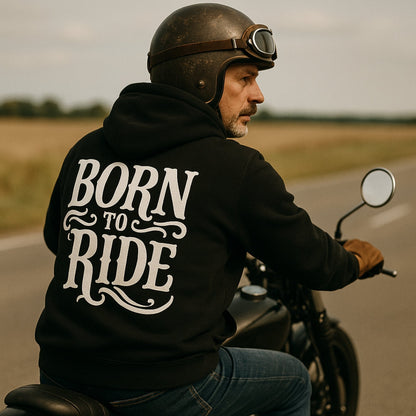Motorcycle Rider Hoodie in black with white BORN TO RIDE back print; rider on a motorcycle on Tampa Home & Garden Store