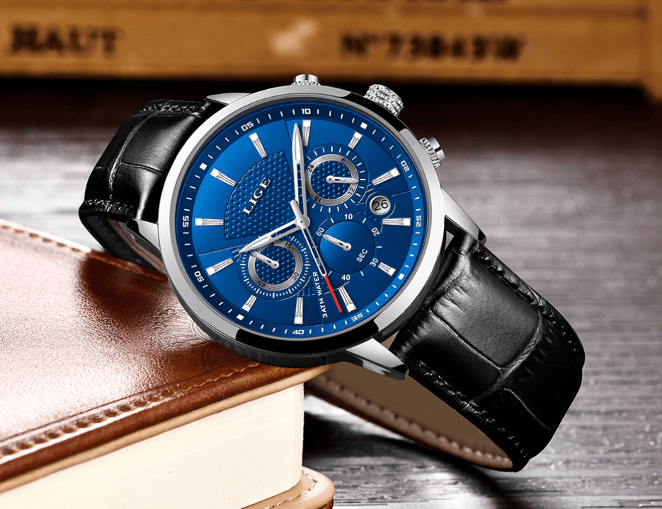 Stevvex men's waterproof chronograph watch with blue dial and black leather strap, steel case on Tampa Home & Garden Store