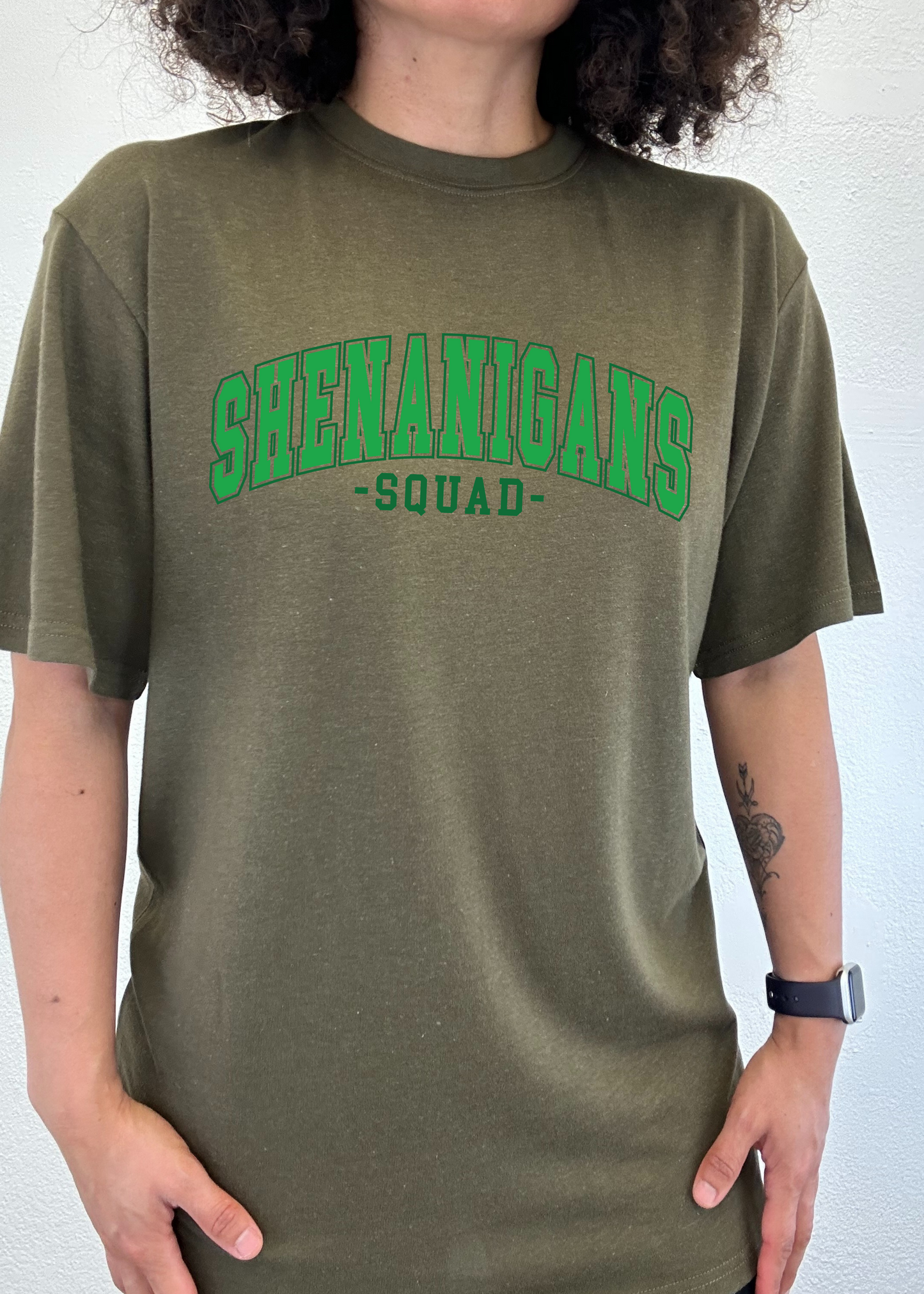Shenanigans Squad bamboo/cotton graphic tee olive green with SHENANIGANS -SQUAD- Spun Bamboo on Tampa Home & Garden Store