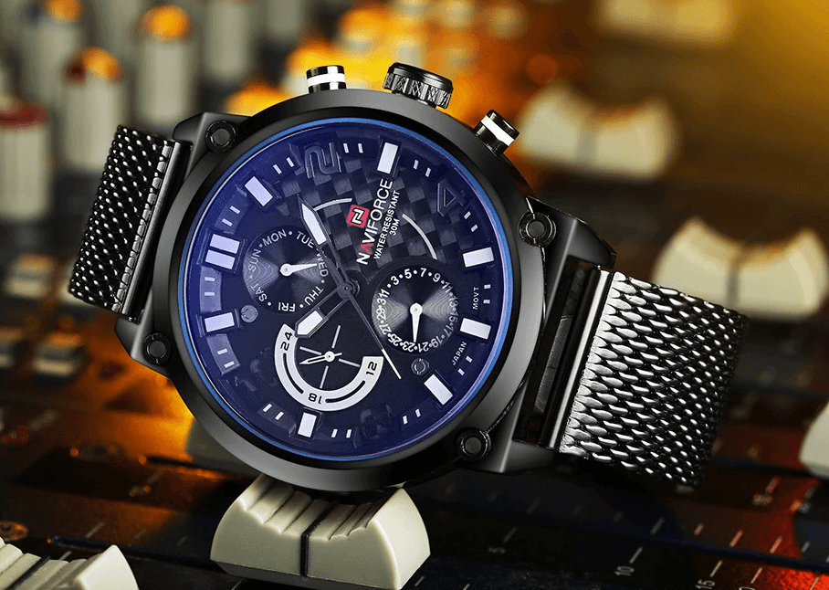 Stevvex men's analog quartz watch with blue dial and stainless steel mesh band on Tampa Home & Garden Store