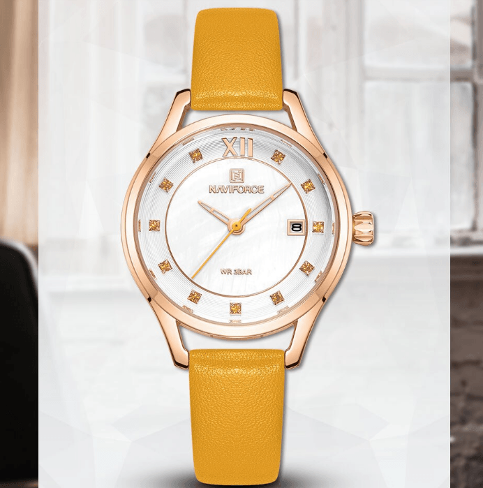 Naviforce women's watch with yellow leather strap, rose-gold case, white dial and date on Tampa Home & Garden Store