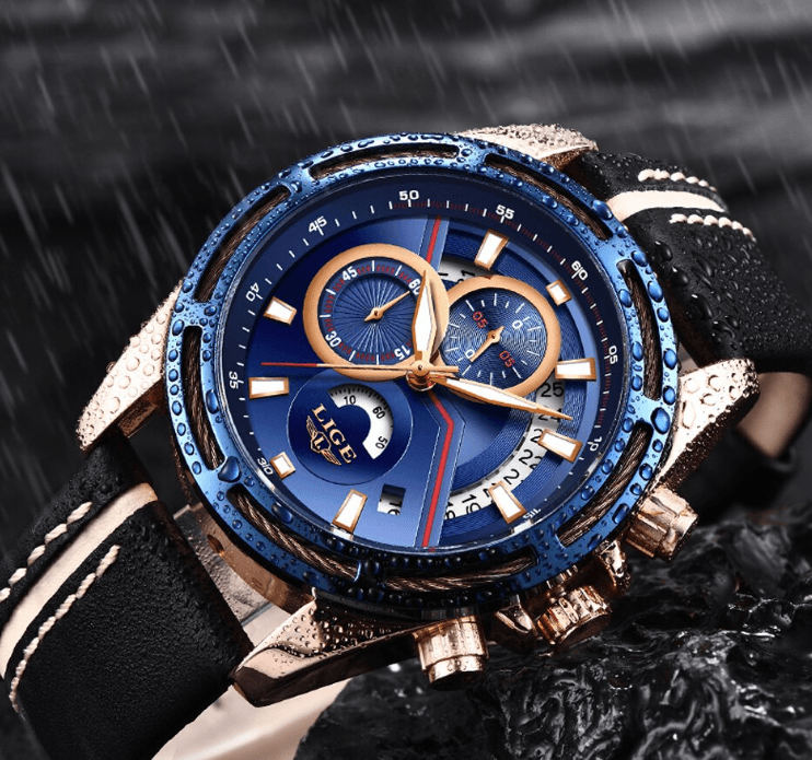 Stevvex men's waterproof sports watch with blue dial, rose-gold bezel, black leather strap on Tampa Home & Garden Store