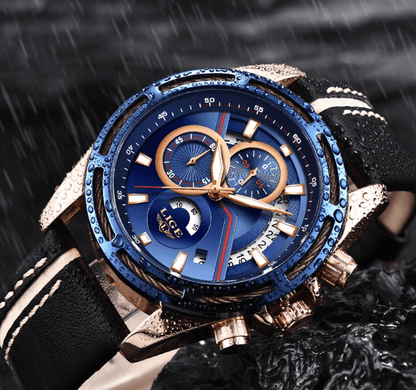 Stevvex men's waterproof sports watch with blue dial, rose-gold bezel, black leather strap on Tampa Home & Garden Store
