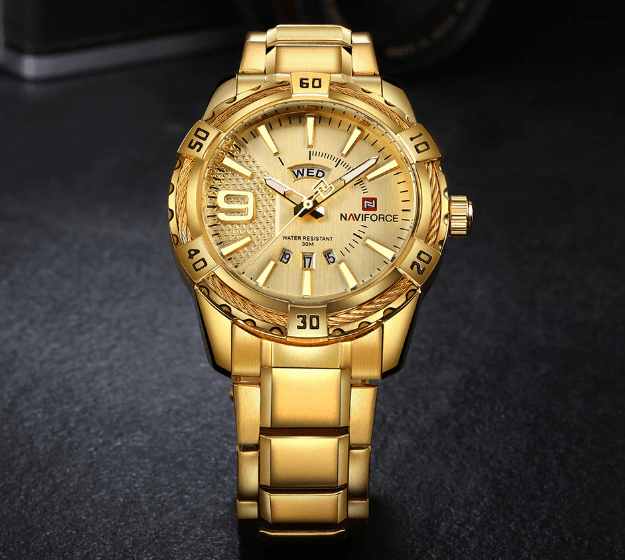 Men's stainless steel watch with day and date display, gold tone band Naviforce dial on Tampa Home & Garden Store