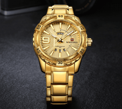 Men's stainless steel watch with day and date display, gold tone band Naviforce dial on Tampa Home & Garden Store