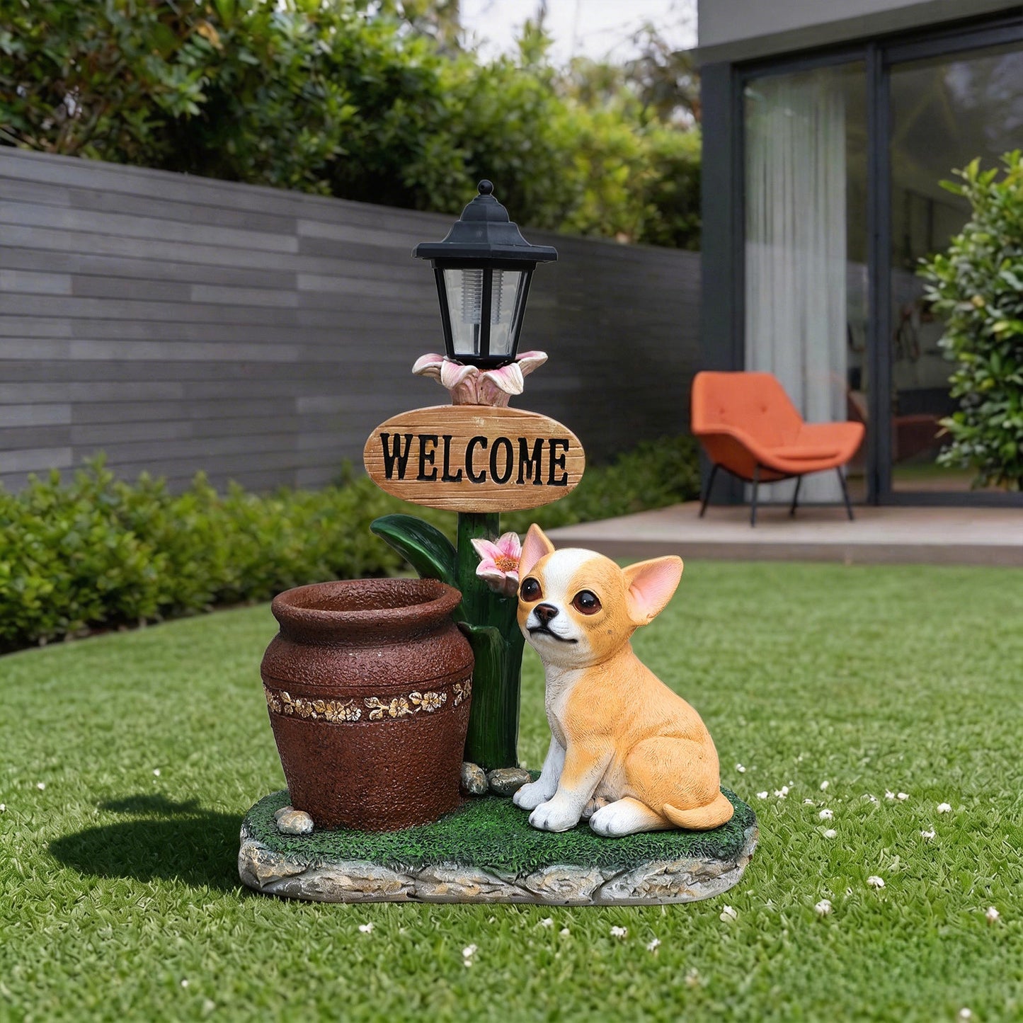 Sitting Corgi dog planter statue with black lantern and welcome sign, HouseOfZazla outdoor decor on Tampa Home & Garden Store