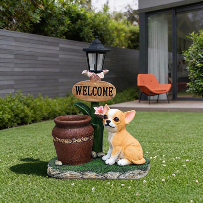 Sitting Corgi dog planter statue with black lantern and welcome sign, HouseOfZazla outdoor decor on Tampa Home & Garden Store