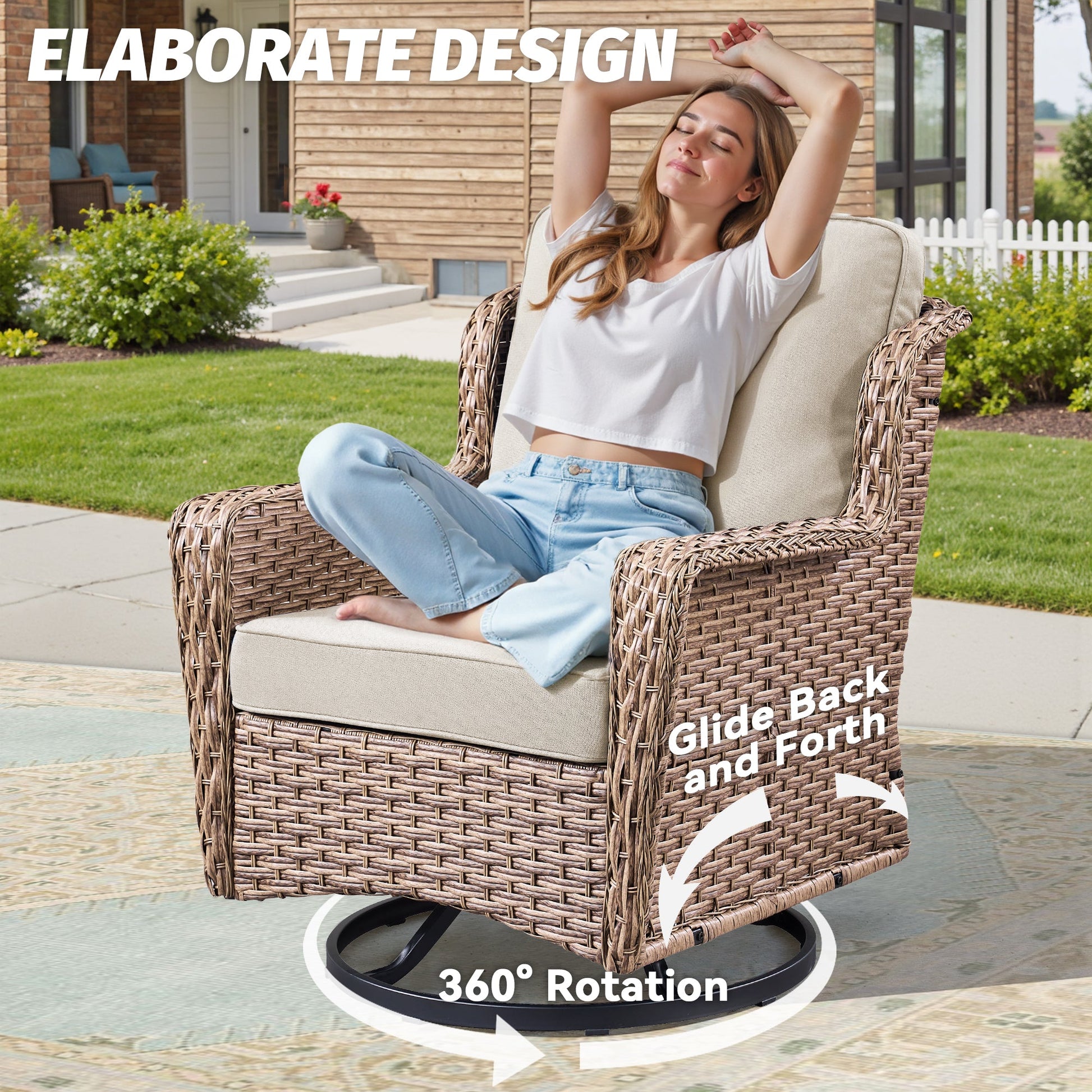 2-Person outdoor wicker swivel rocker seating group with beige cushions by HouseOfZazla on Tampa Home & Garden Store