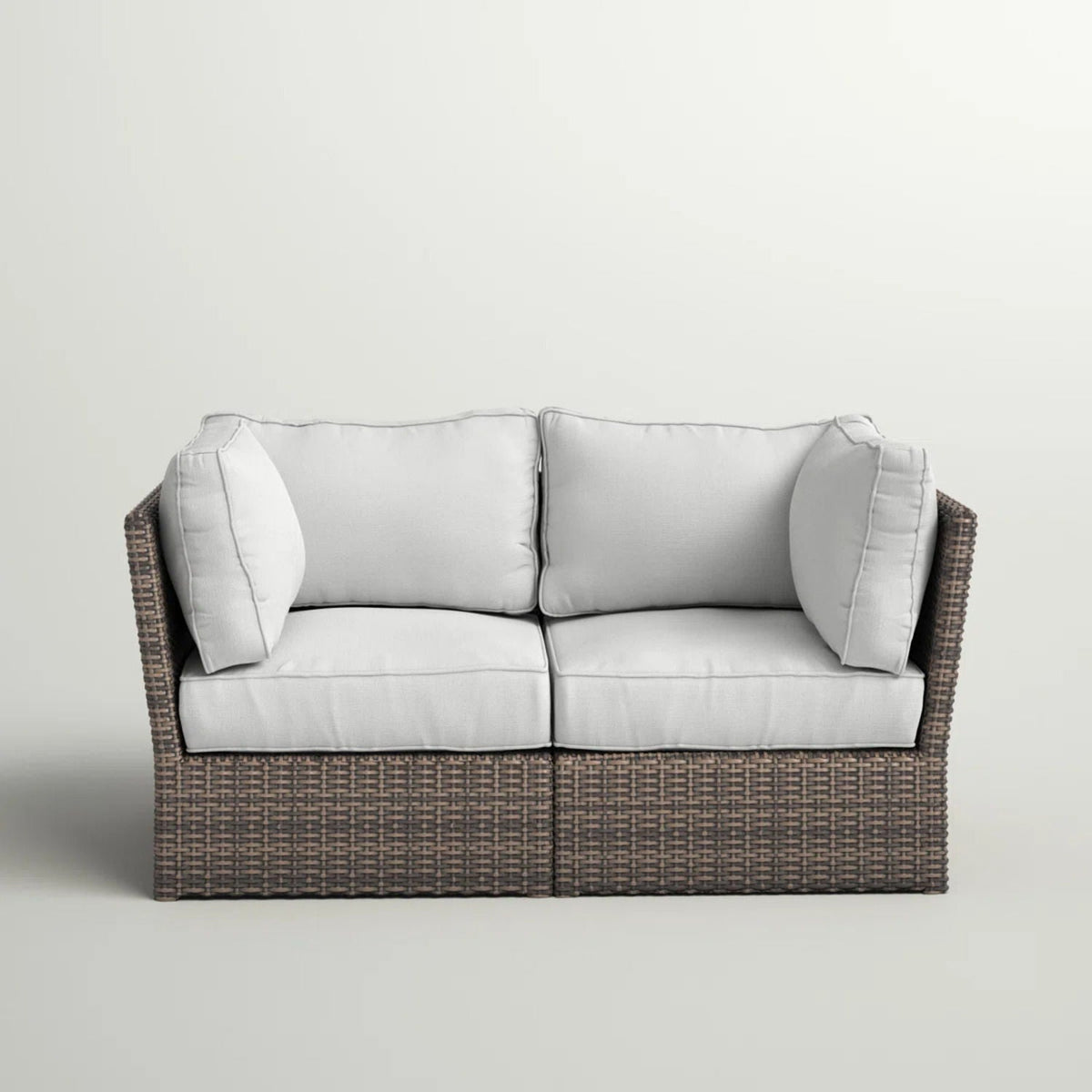 Modern patio wicker loveseat with light gray cushions and dark brown woven frame HouseOfZazla on Tampa Home & Garden Store