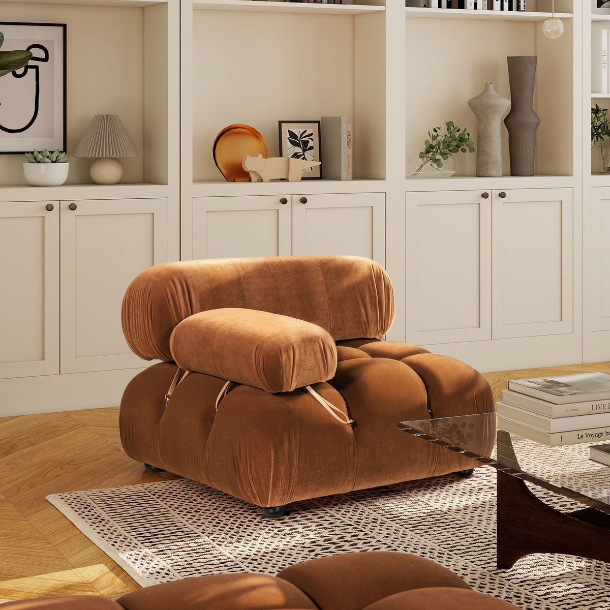 Bubble modular modern lounge arm chair with brown plush upholstery and rounded cushions on Tampa Home & Garden Store