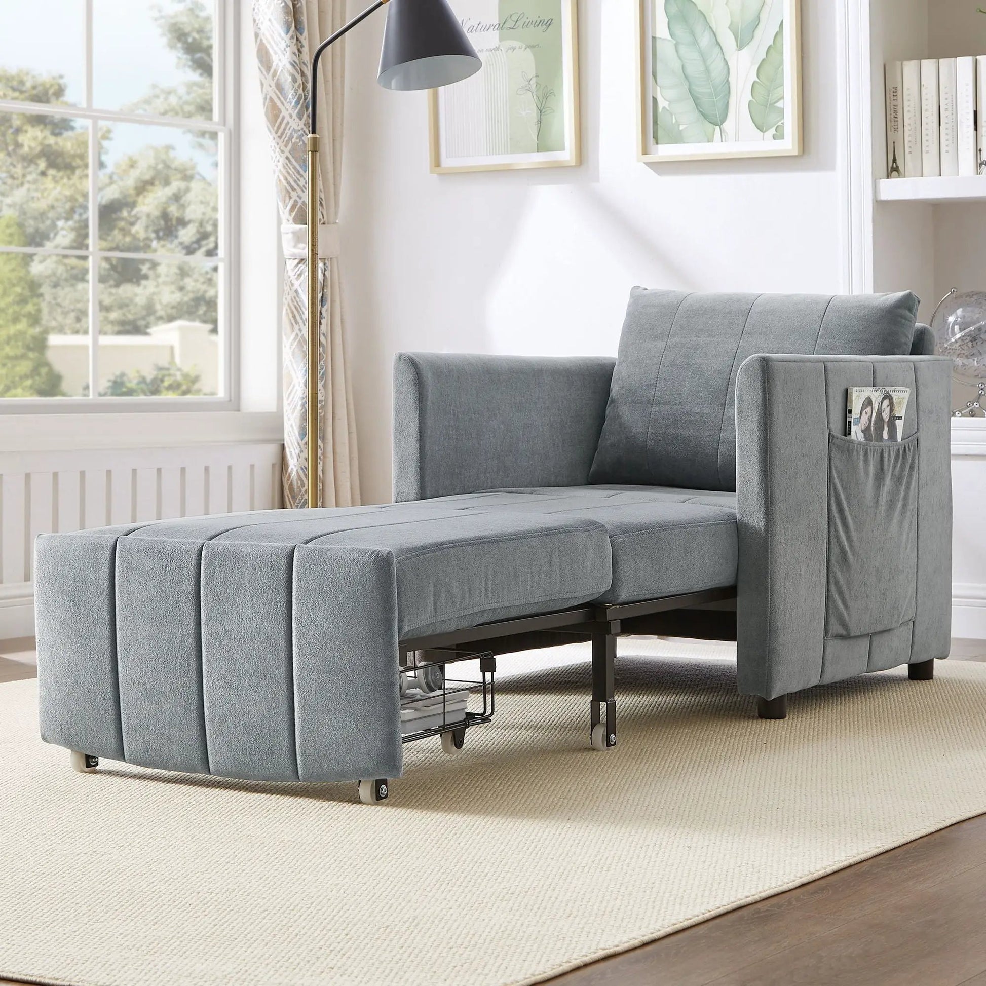 Upholstered sleeper sofa with 5-position backrest, side pockets and storage in blue fabric on Tampa Home & Garden Store